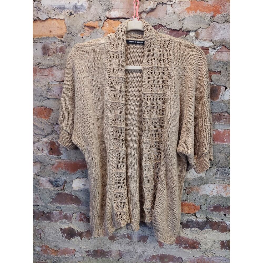 Cable & Gauge Womens L Open Knit Short Sleeve Cardigan Tan Lightweight Summer